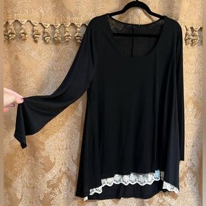 Black boho swing long sleeve top with lace detail